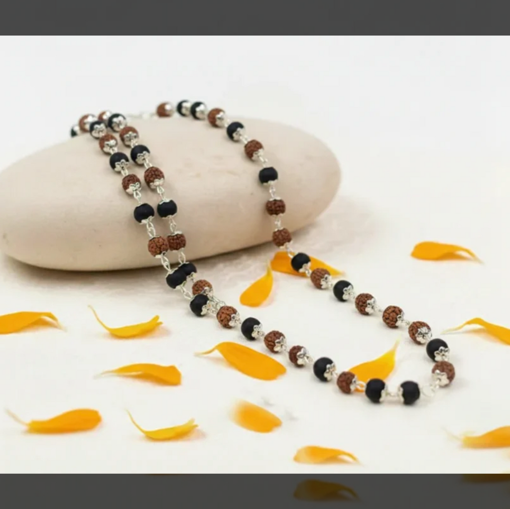 Karungli & rudraksha mala with silver capping