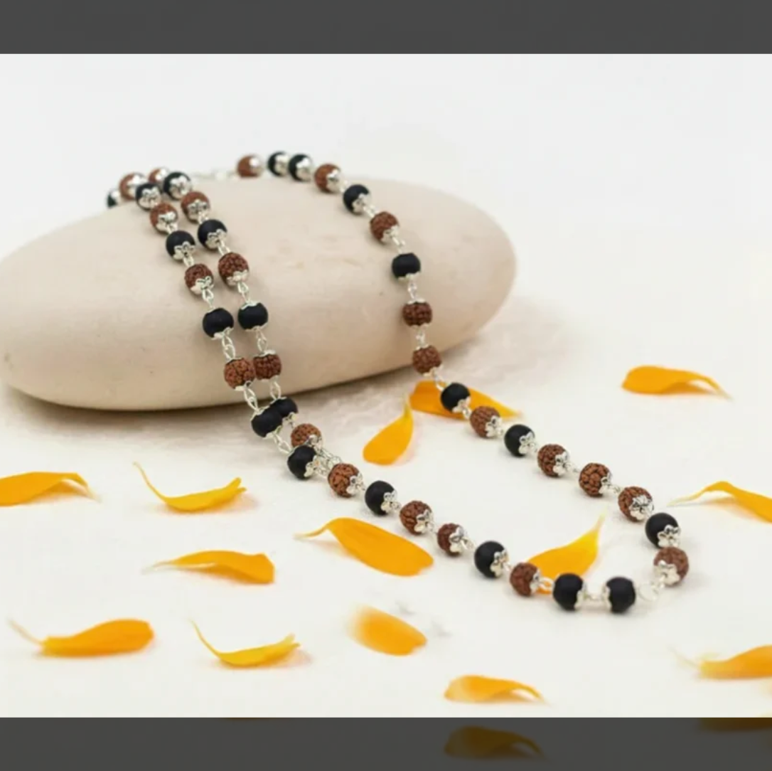 Karungli & rudraksha mala with silver capping