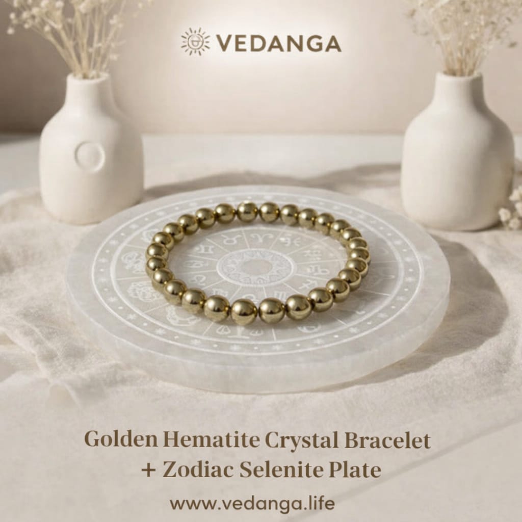 Gold hematite crystal bracelet + Zodiac Selenite Plate