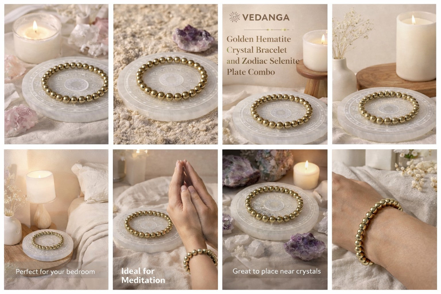 Gold hematite crystal bracelet + Zodiac Selenite Plate