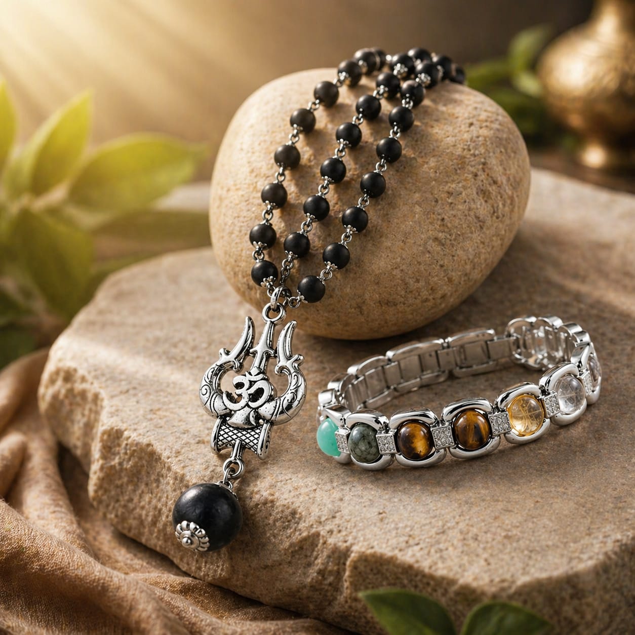 Metal Dhanyog Bracelet + Karungali mala with trishul