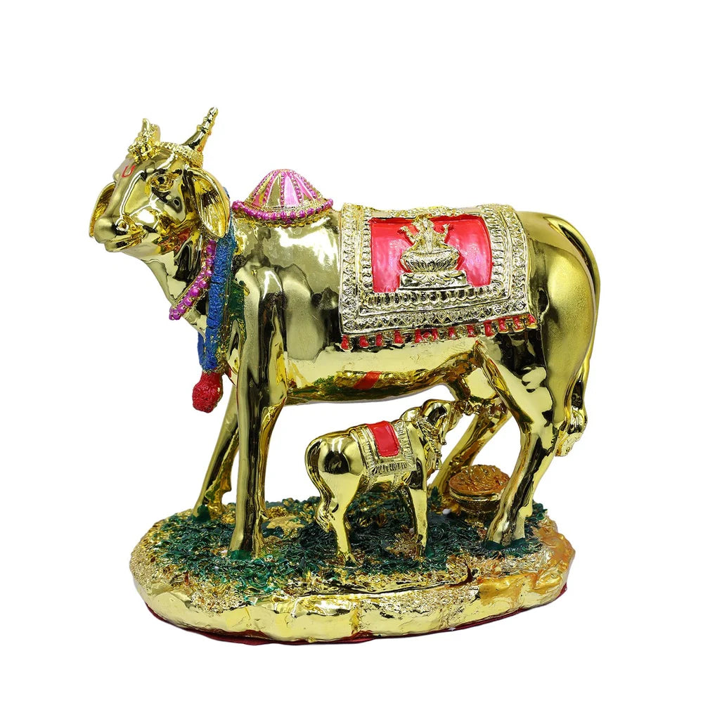 Golden Kamdhenu Cow Calf Statue